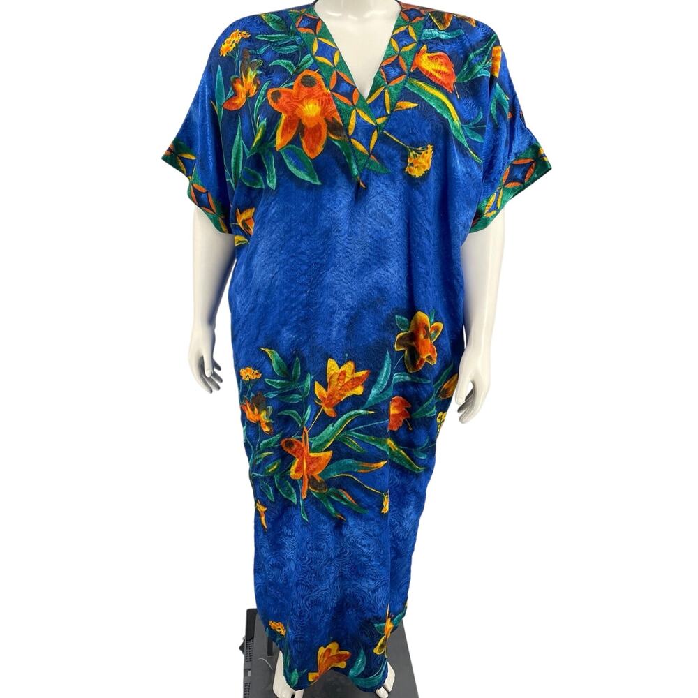 Winlar Women Blue Multi Tropical Kaftan MUUMUU Maxi Dress Made in Pakistan One S